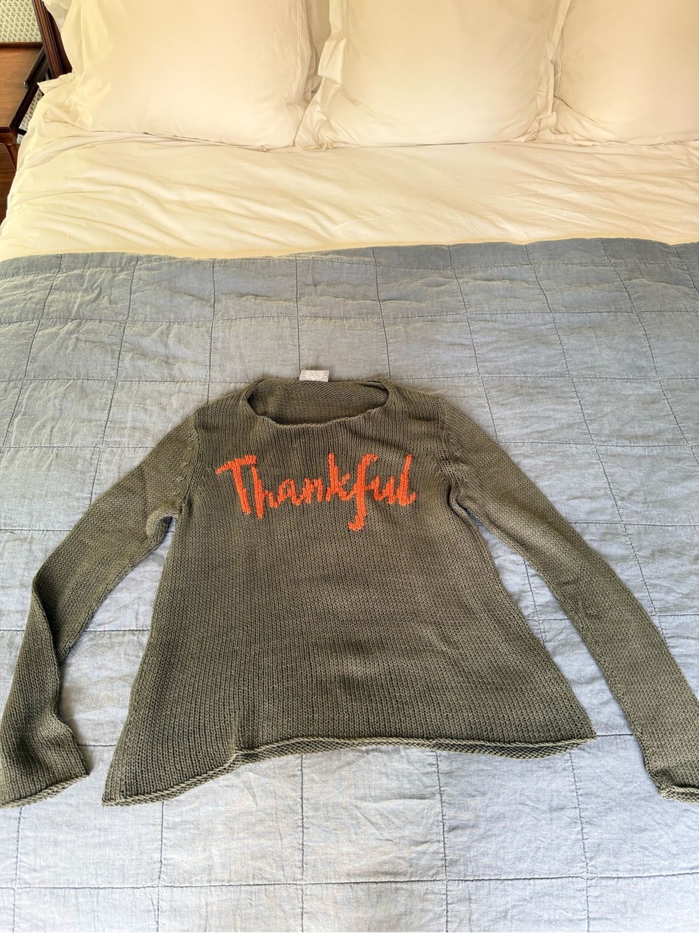 Wooden Ships Olive Green Knit Sweater with Orange "Thankful" Script
